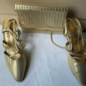 Gold heels and handbag to match